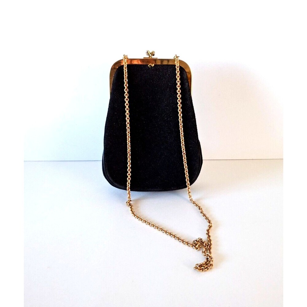 Vintage Triangle New York Black Suede Gold Frame Chain Small Evening Purse